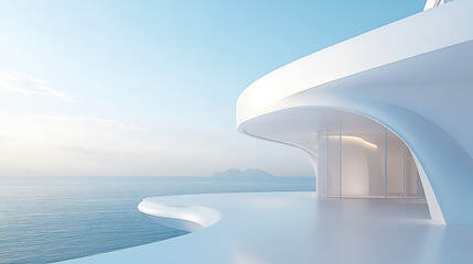A white building with curved walls on the sea, a 3D rendering of an architectural design style