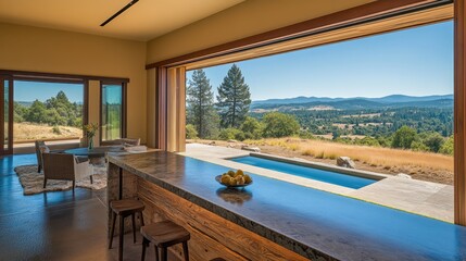 Fototapeta premium Modern bar table positioned by a large window with natural light and scenic views.