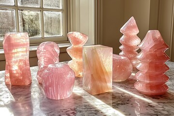 Rose Quartz Sculptures for Sunlit Interior.