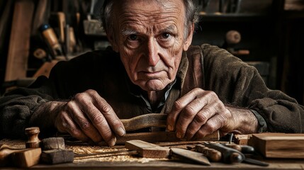 Experienced Craftsman Focused on Wood Planing in a Workshop