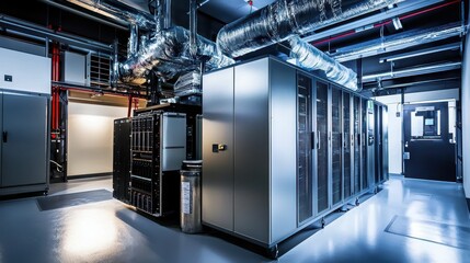 Dramatic High-Tech Server Room with Powerful Equipment and Systems