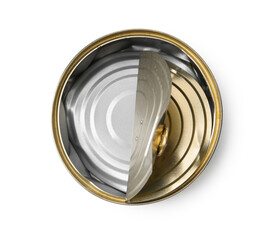 One crumpled tin can isolated on white, top view