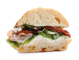 Delicious sandwich with prosciutto and sun dried tomatoes isolated on white
