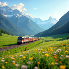Scenic Train Journey through Alpine Valley with Mountain Views