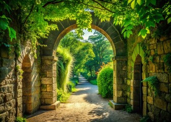 Minimalist Archway Leading to Lush Green Garden - Stock Photo
