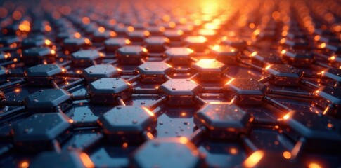 Fototapeta premium Bright hexagonal metal lattice structure illuminated by warm white light, modern architecture, bright light, illumination