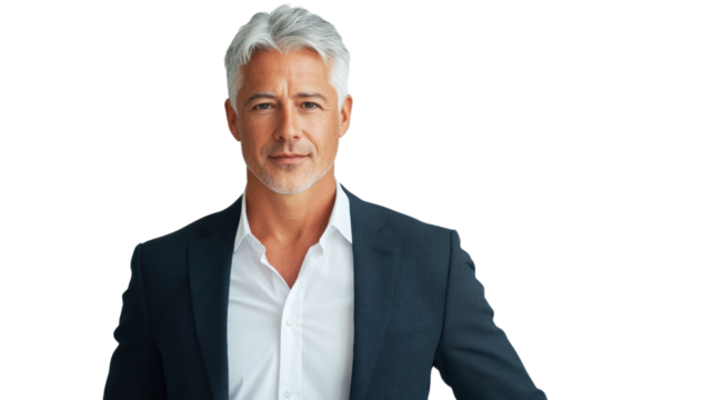 Confident business man posing in a suit with grey hair, exuding professionalism and charisma on a white background.