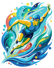 A dynamic image of a swimmer powerfully slicing through large, vibrant, swirling waves of paint, creating a visually stunning and energetic scene.
