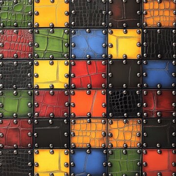 Colorful leather patchwork with metal rivets. (1)