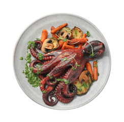 Roasted octopus with vegetables and mushrooms isolated on white, top view
