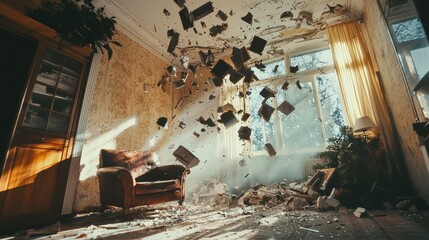 Dramatic Interior Scene Capturing Debris in Mid Air with Sunlight