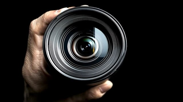 Hand holding a camera lens against a dark background