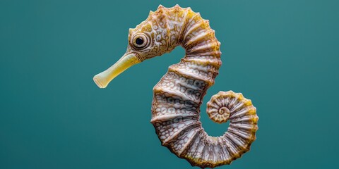 Fototapeta premium Earth Day Wildlife Concepts. Seahorse with intricate details and vibrant colors against a teal background.