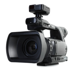 Modern professional video camera isolated on white