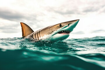 Fototapeta premium Earth Day Wildlife Concepts. Shark swimming in ocean waters under cloudy sky.