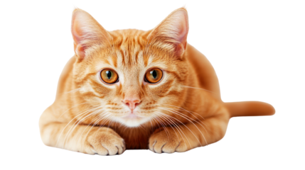 Close-up of a curious ginger cat lying down, looking directly at the camera with bright orange eyes.