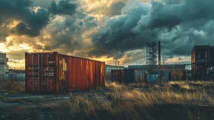 Fototapeta premium Dramatic Landscape Featuring Rusted Shipping Containers at Sunset