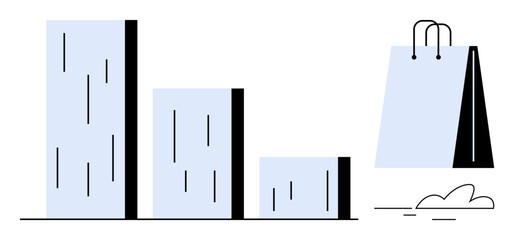 Bar chart with descending bars beside shopping bag symbolizing sales trends, consumer analysis, and e-commerce. Ideal for business analytics, marketing, retail growth, sales strategies, data