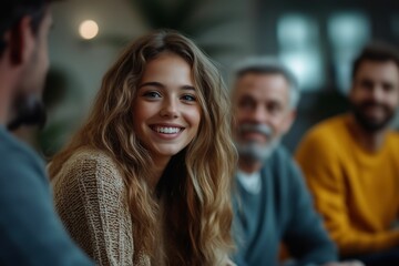Obraz premium Portrait of a young lady with long blonde hair smiling warmly while seated in a counseling session