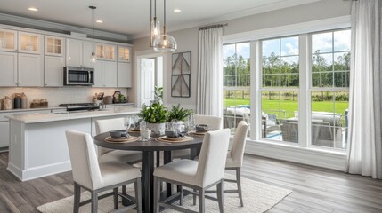 Small-space bar table setup in a modern open-plan kitchen and dining area.