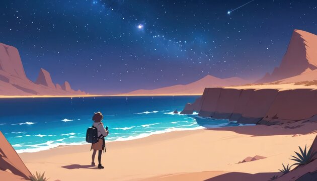 Starry Night Beachscape: A lone traveler gazes at a breathtaking night sky over a serene beach, the tranquil ocean reflecting the celestial wonders above.