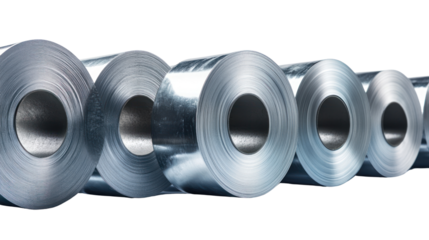 Rolled metal sheets stacked in a row on a white background for industrial use.