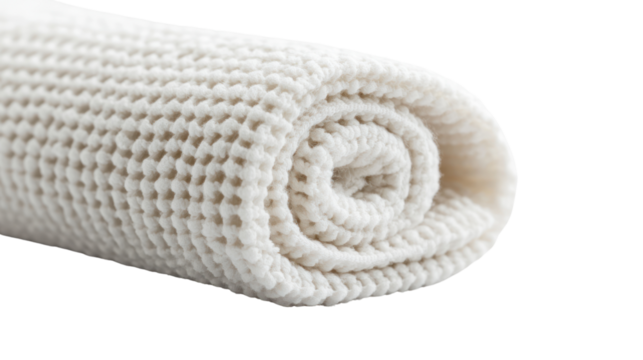 A rolled white cotton towel on a white background, displaying a soft and plush texture suitable for various uses.