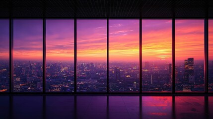 Dramatic Sunset View from Modern Office with Panoramic Window