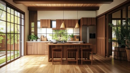 Stylish Japandi-inspired kitchen with warm wood tones, sleek appliances, and natural light.
