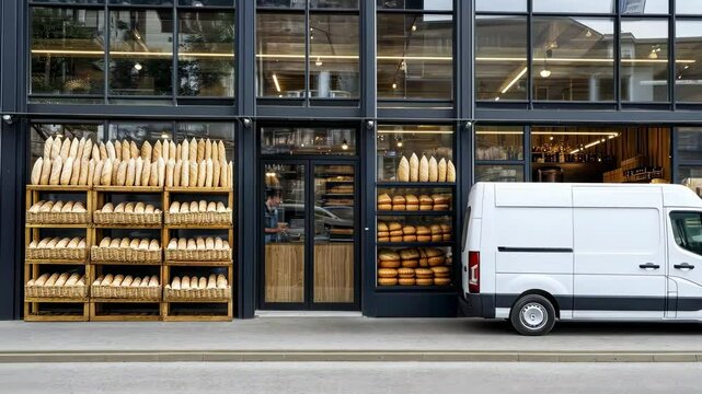 Modern bakery exterior with fresh bread and delivery van