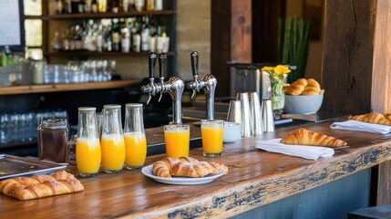 Obraz premium Sunrise brunch bar table with fresh juice, croissants, and warm morning lighting.