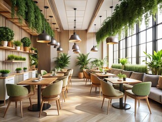Fototapeta premium Minimalist Chic Restaurant Interior Design with Lush Greenery, Stylish Dining Experience