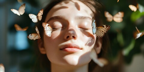 Serene Woman Butterflies Peaceful Nature Beauty Skincare Wellness