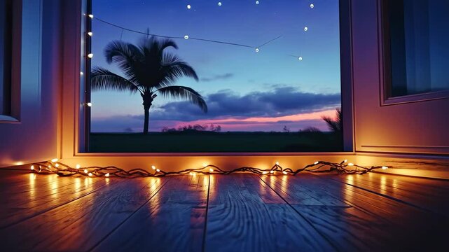 serene evening view with lights and palm silhouette