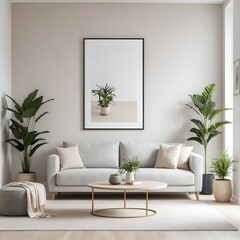 Modern Scandinavian Living Room Interior with Neutral Tones and Greenery