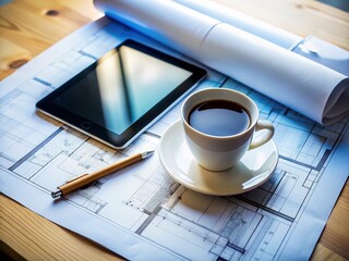 Minimalist Civil Engineer Desk: Blueprints, Coffee, Tablet - Project Planning