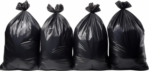 Four full black plastic garbage bags isolated transparent background waste disposal recycling