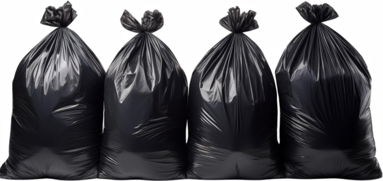 Four full black plastic garbage bags isolated transparent background waste disposal recycling - Powered by Adobe