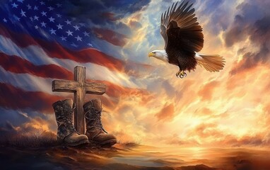 A powerful Memorial Day greeting card featuring an eagle soaring above a battlefield cross, with the U.S. flag and sunset in the background. A tribute to heroes.