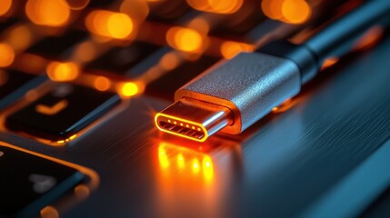 USB-C connector on laptop, glowing keys, metallic surface, modern tech detail