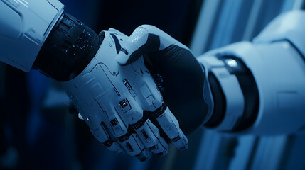 Two robotic hands reach out and clasp together, symbolizing AI collaboration and technological advancement.