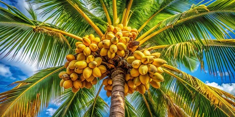 Fototapeta premium Minimalist Coconut Tree: Abundant Coconuts Hanging on Palm Tree Branches
