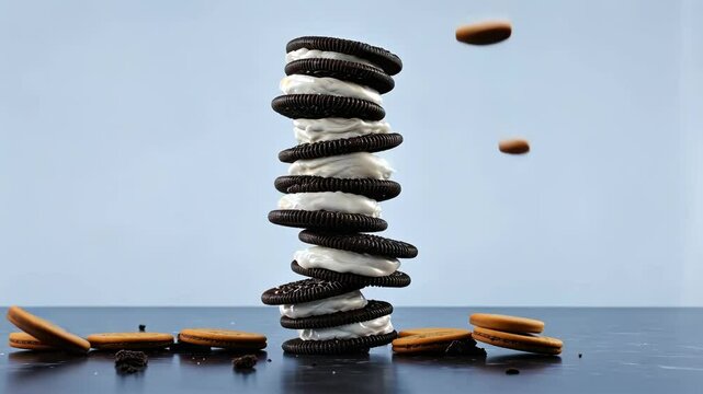 Creative stack of Oreo cookies against a soft blue backdrop