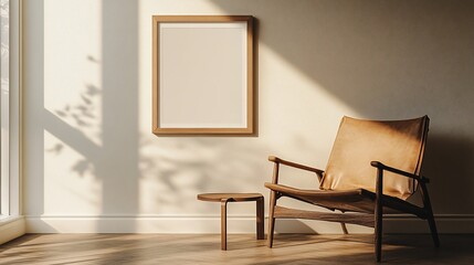 Tan leather armchair with wooden side table and blank frame in sunlit room.