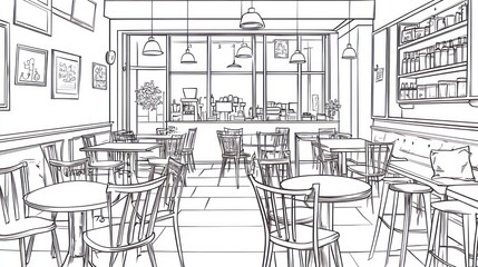 Interior cafe sketch, coffee shop design, urban setting