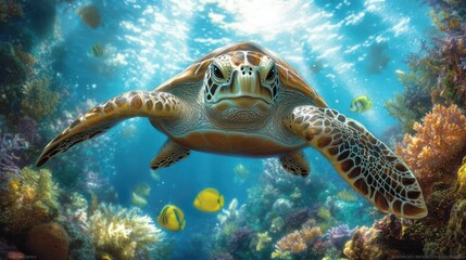 Fototapeta premium Awe-Inspiring Underwater Close-Up of a Sea Turtle Above a Lush Tropical Coral Reef