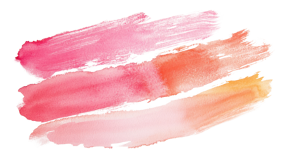 Colorful watercolor brush strokes in pink, orange, and yellow on a transparent background for design elements.