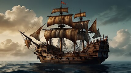 For historical nautical and adventure-themed design projects, a realistic PNG graphic of an antique pirate ship with a translucent backdrop is available.