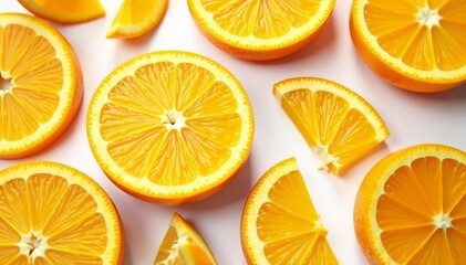 Obraz premium Close-up of sliced orange pieces arranged on a clean white background, citrus, food, vitamin C