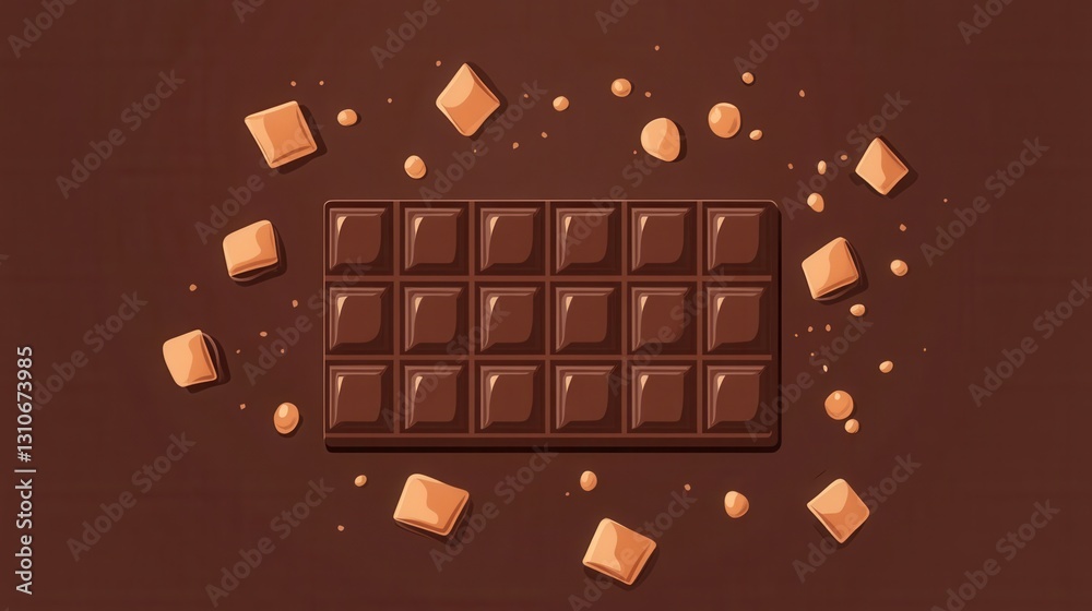 Poster flat chocolate bar logo design featuring rich brown tones with surrounding chocolate pieces and crum
